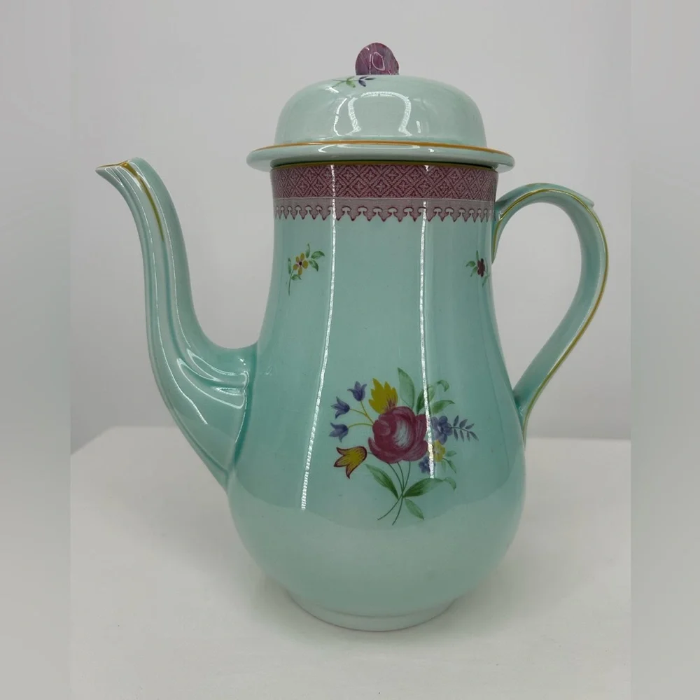 Adams Calyx Ware Coffee Pot Lowestoft pattern Vintage Floral Duck Egg Blue